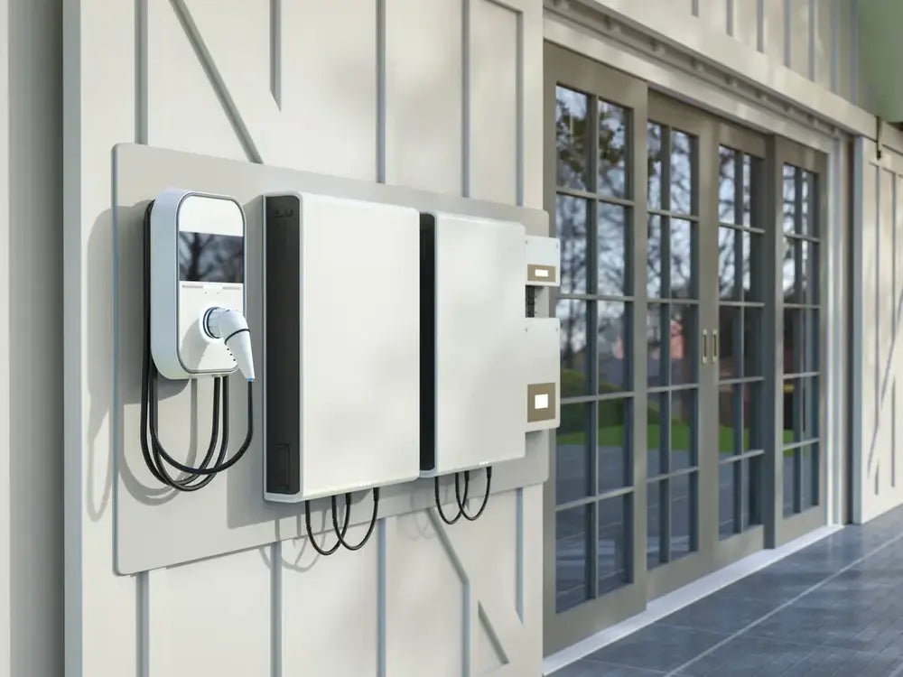 Electric vehicle charging station mounted on a building exterior.