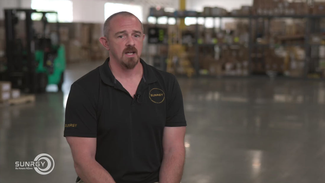 Testimonial video featuring Adam Corra, CX Manager, speaking in Sunrgy’s warehouse, followed by the Sunrgy logo.